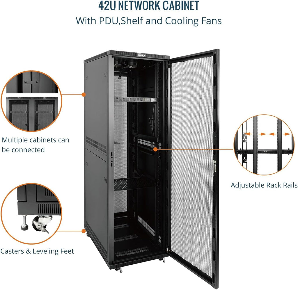 Tecmojo 42U Server Rack Network Cabinet 39.4' D x 23.6' W, Locking Data Cabinet Enclosure for 19' Server, Networking, AV & IT Equipment, Mesh Door, Black