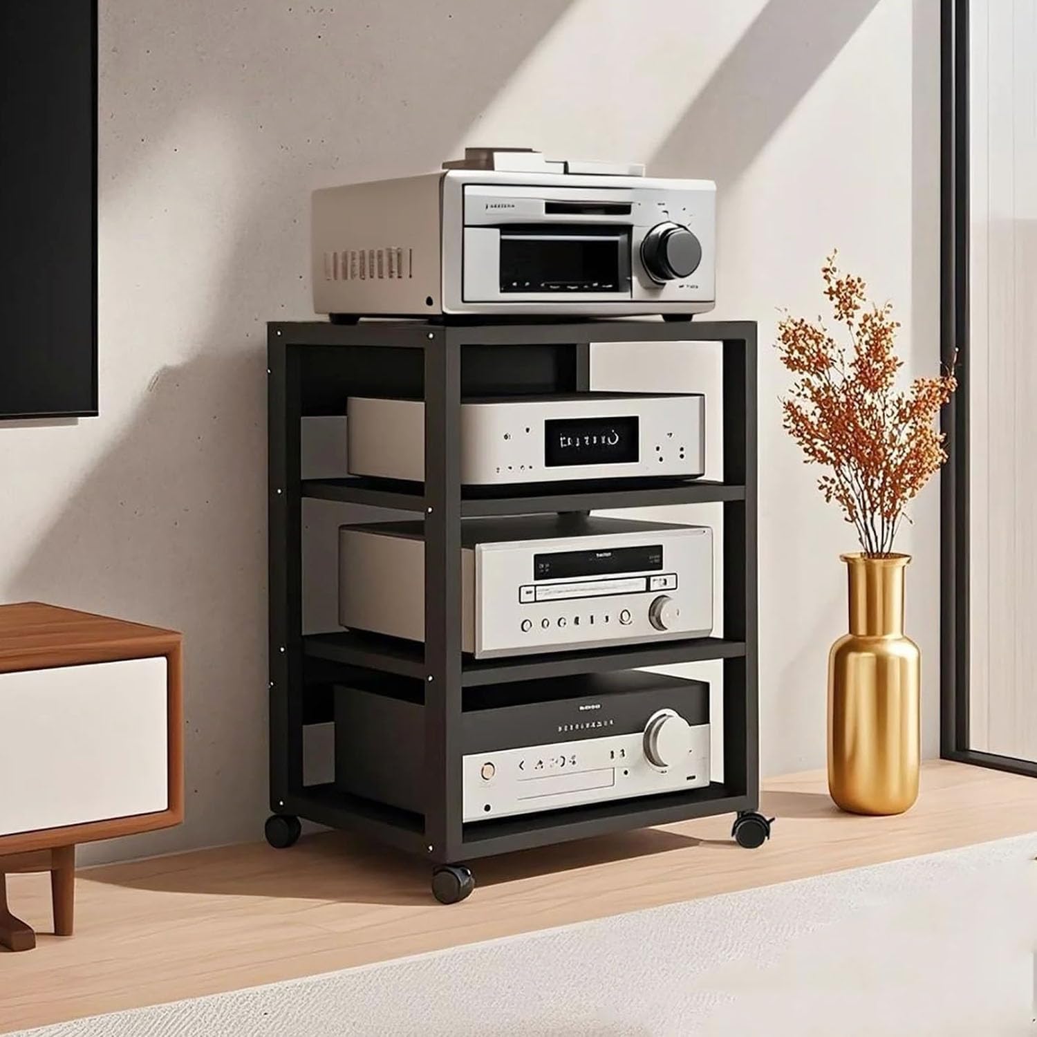 4 Tier AV Media Stand, Audio Rack Tower Stereo Components Cabinet, Home Theatre CD Record Player Stereo Receiver Equipment Rack with Adjustable Wood Shelves, Load 220lbs (Black)