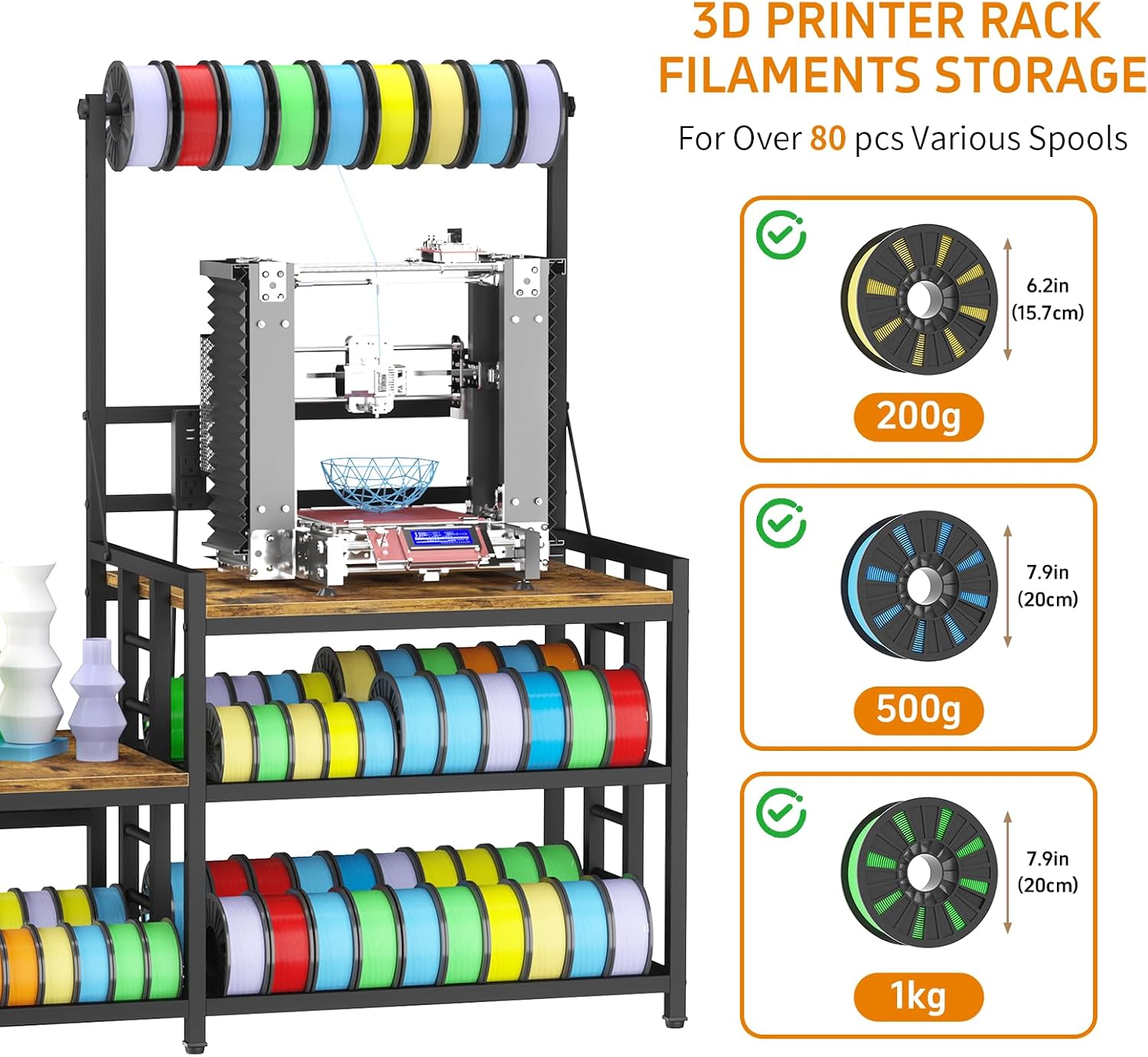 3D Printer Table with Filament Storage 3D Printer Stand with Power Outlet,Heavy Duty 3D Printer Desk for ABS, PLA, TPU Filament Spools, Home Offices and Studios Retro Brown