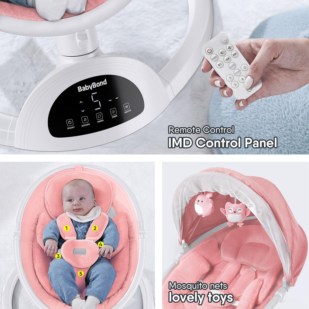 BabyBond Baby Swings for Infants, Bluetooth Infant Swing with Music Speaker, 3 Seat Positions, 5 Point Harness Belt, 5 Speeds and Remote Control - 1 Pcs (Pink)