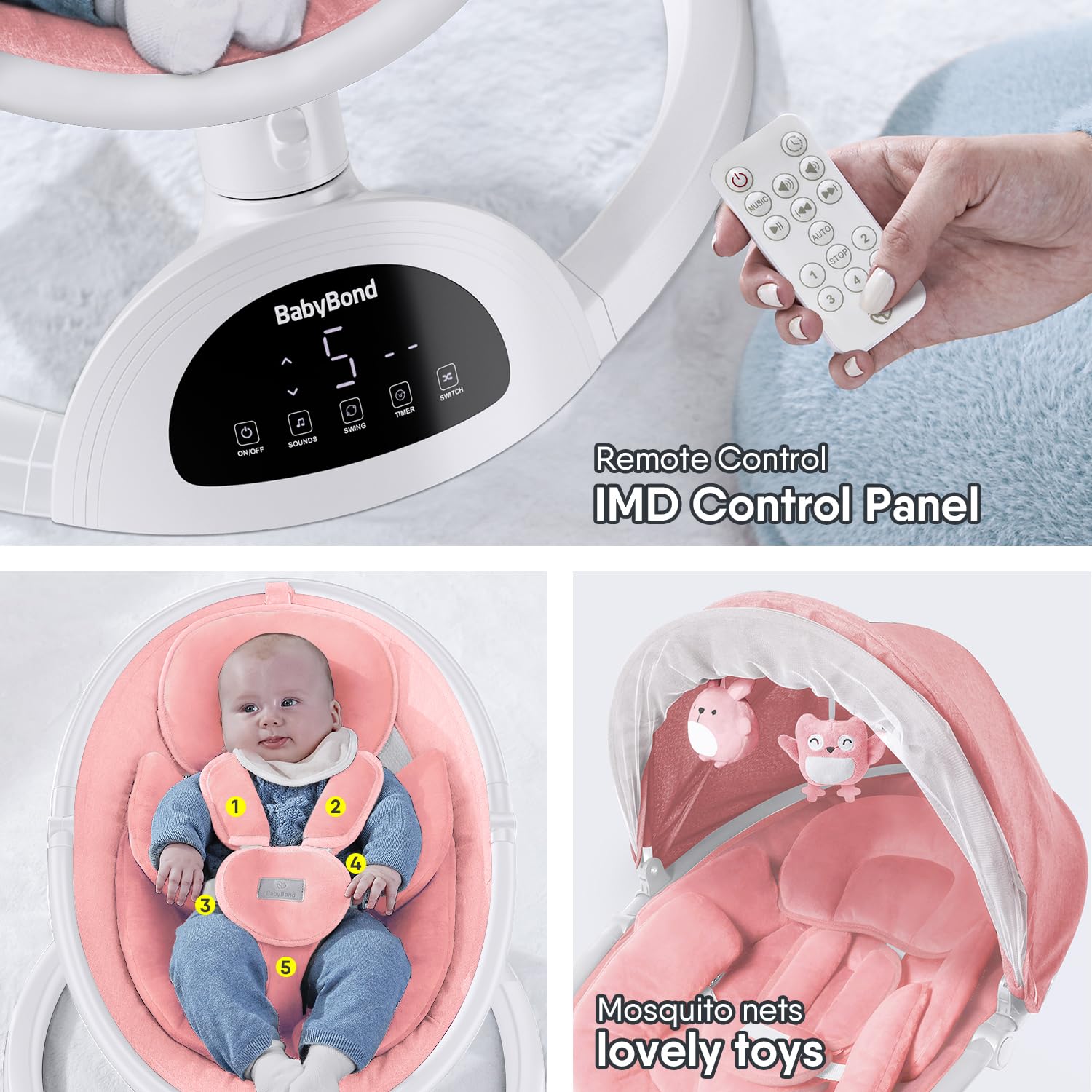 BabyBond Baby Swings for Infants, Bluetooth Infant Swing with Music Speaker, 3 Seat Positions, 5 Point Harness Belt, 5 Speeds and Remote Control - 1 Pcs (Pink)