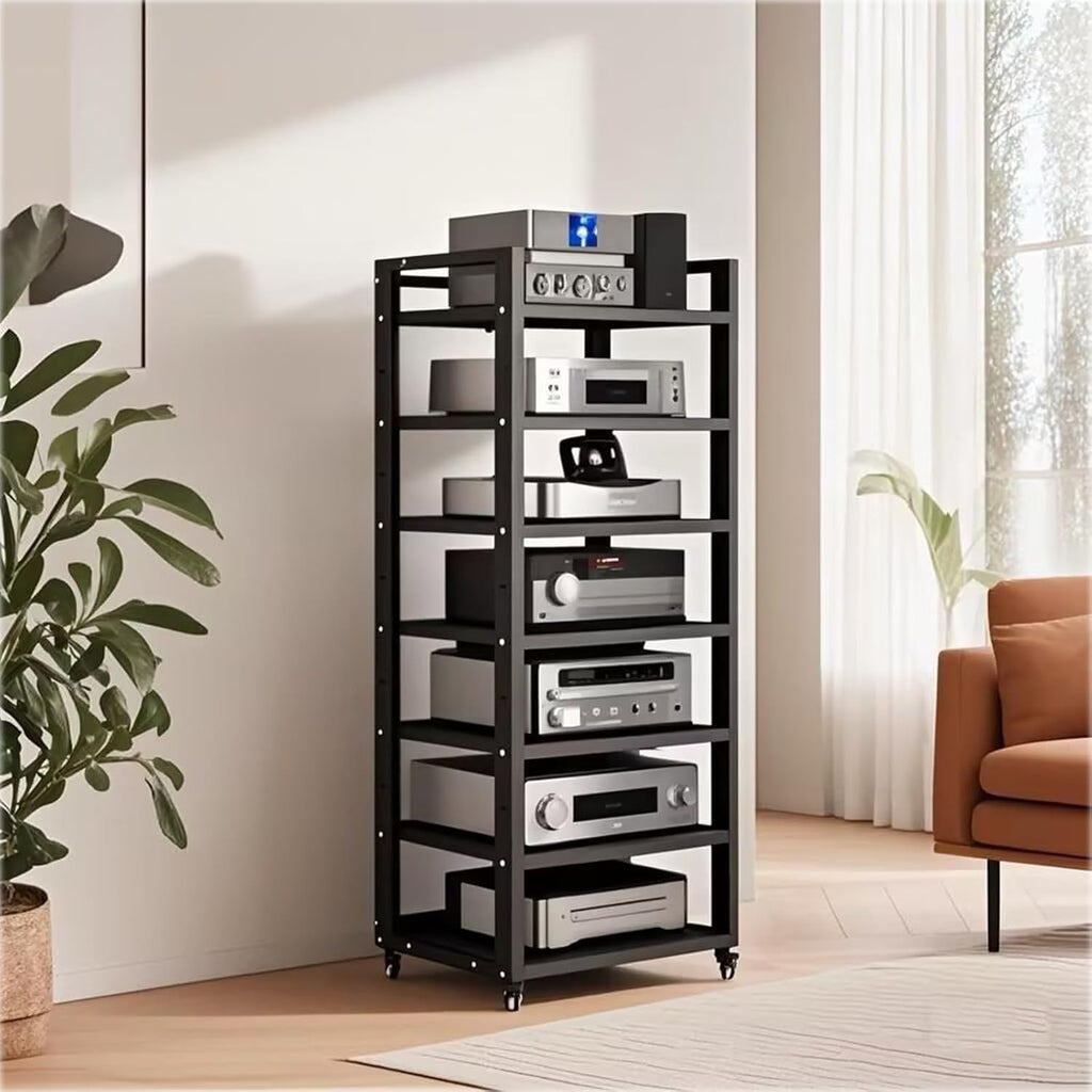 7 Tier Audio Rack Tower, CD Record Player Stereo Receiver AV Equipment Cabinet Display Rack, Weight Capacity 661 lbs, with Adjustable Wooden Shelves for Home (7 Tier Black)