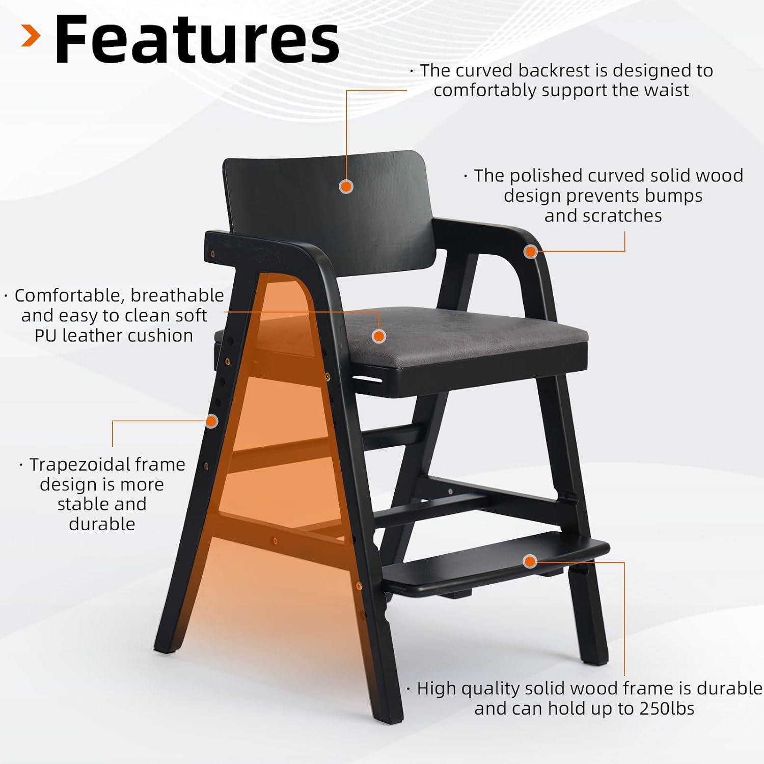 Wooden High Chair for Toddlers and Baby, Adjustable Toddler Dining Chair Grows with Kid, Ergonomic Baby HighChair for Babies, Wipe Clean Skin-Friendly Cushion, for Home & Restaurant - Black