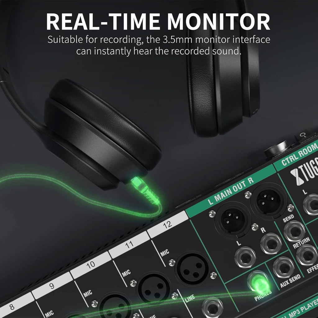 XTUGA 12 Channel Audio Mixer, Professional Sound Board Mixer, DJ Mixing Console System Audio Interface,48V Phantom Digital Effect for PC Podcast Studio Karaoke Streaming Live Recording(CT120)