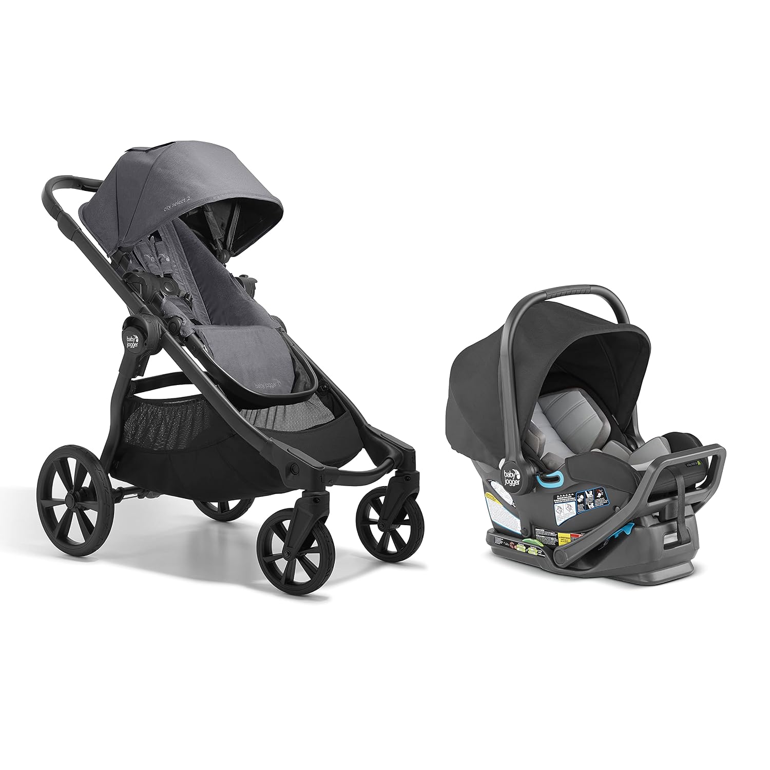 Baby Jogger® City Select 2 Single-to-Double Modular Travel System, Car Seat and Stroller Combo with City GO 2 Infant Car Seat, Lightweight Baby Stroller, Radiant Slate