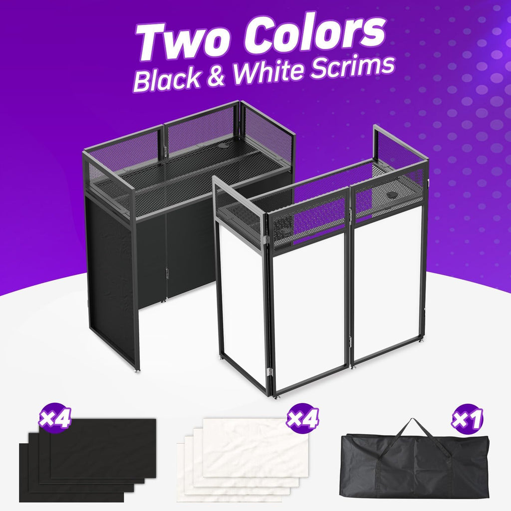 YooKoo Foldable DJ Booth for Tool-Free Assembly, DJ Table with White & Black Scrims, Metal Frame DJ Facade, DJ Stand with Cable Hole and Carry Bag, for Parties & Events & Small Studios