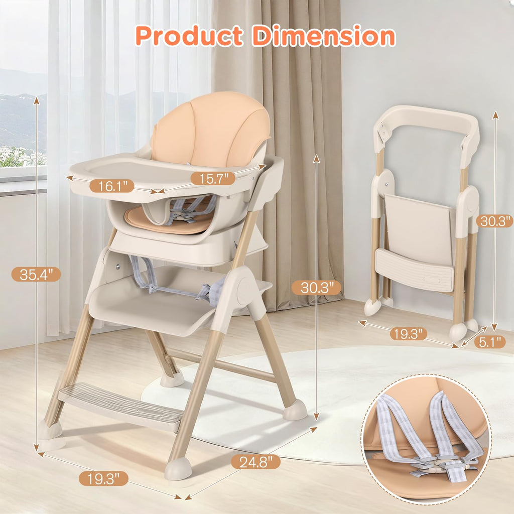 6-in-1 High Chair for Babies and Toddlers, 2026 New Aluminum Alloy Folding Toddler Step Stool with 4-Position Height, Detachable Double-Layer Tray, 6 Growing Stages from Infant to Toddler Seating