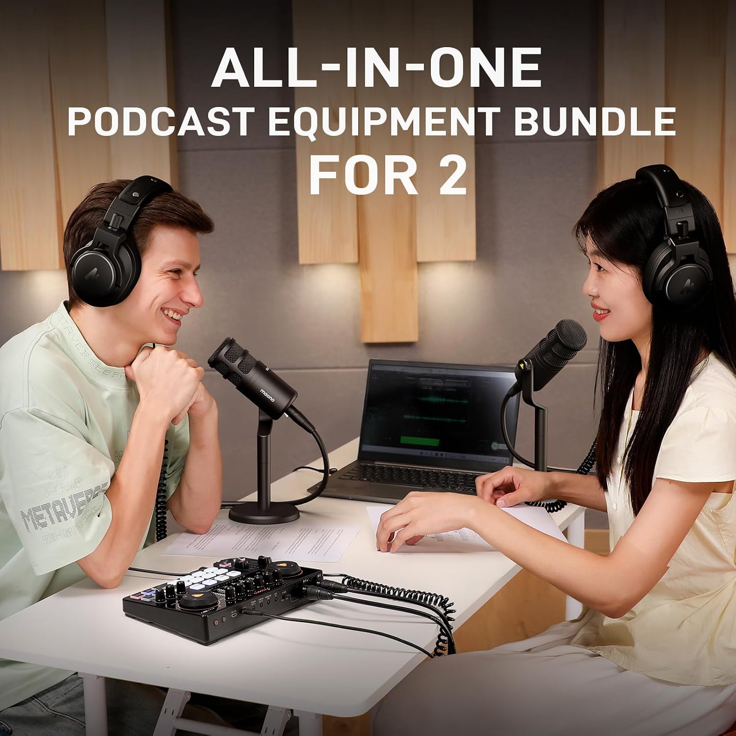 MAONO Podcast Equipment Bundle for 2: Audio Interface Mixer with 2 XLR Dynamic Mic Noise Reduction Podcast Streaming MaonoCaster E2 Gen2C