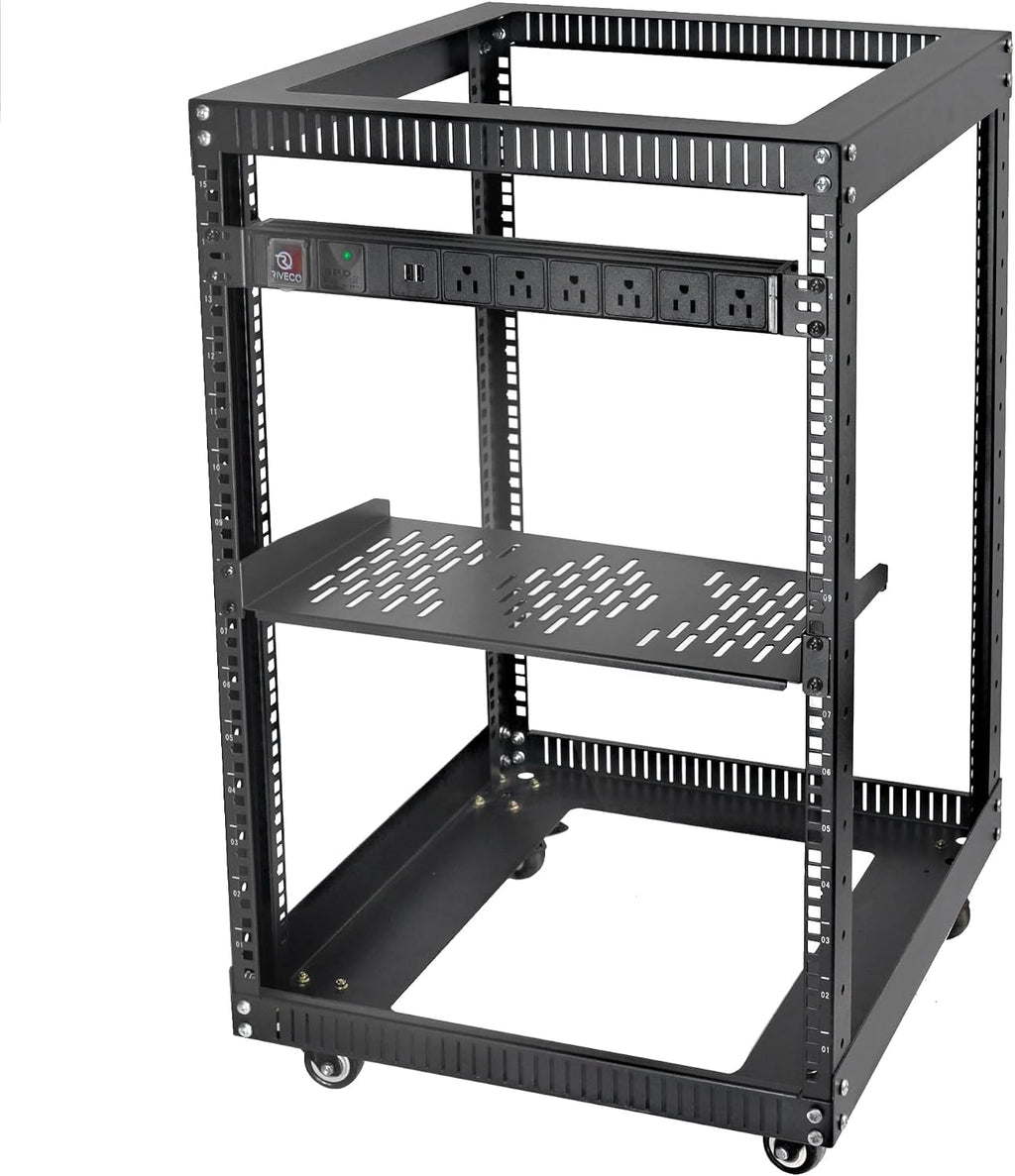 RIVECO 15U 19 Inch Open Frame Server Rack with Wheels Including 1U Rack Shelf & Power Strip Universal for 19' Network Equipment Black