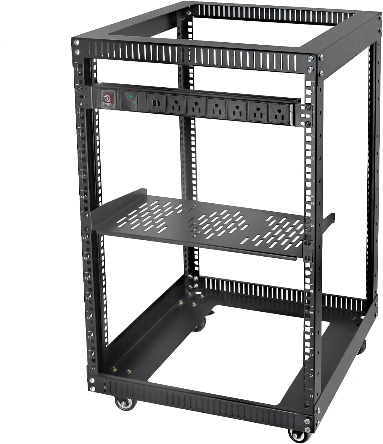 RIVECO 15U 19 Inch Open Frame Server Rack with Wheels Including 1U Rack Shelf & Power Strip Universal for 19' Network Equipment Black