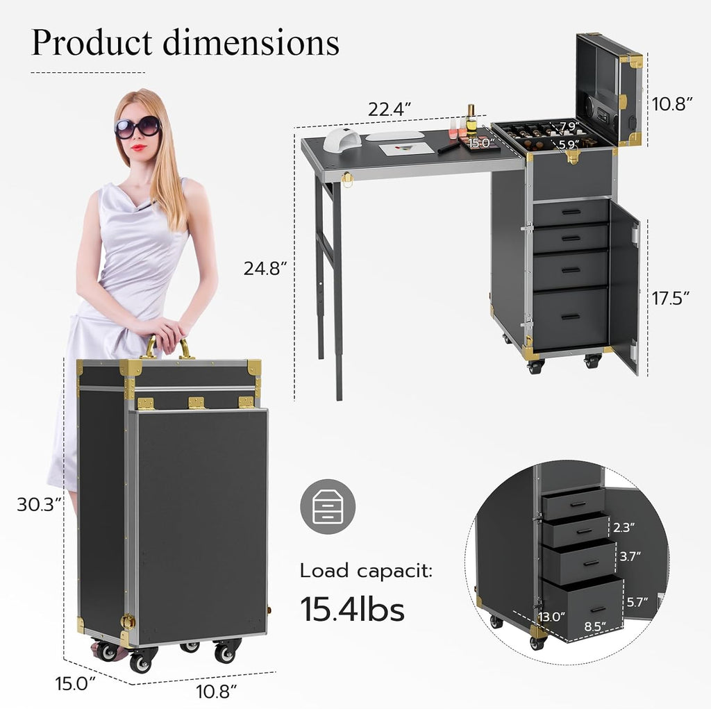 Icoget Portable Rolling Manicure Table for Nail Teach, Foldable Traveling Nail Desk w/Storage, Mobile Manicure Table w/Audio and Mirror, Makeup Train Case Cosmetic Trolley, Black