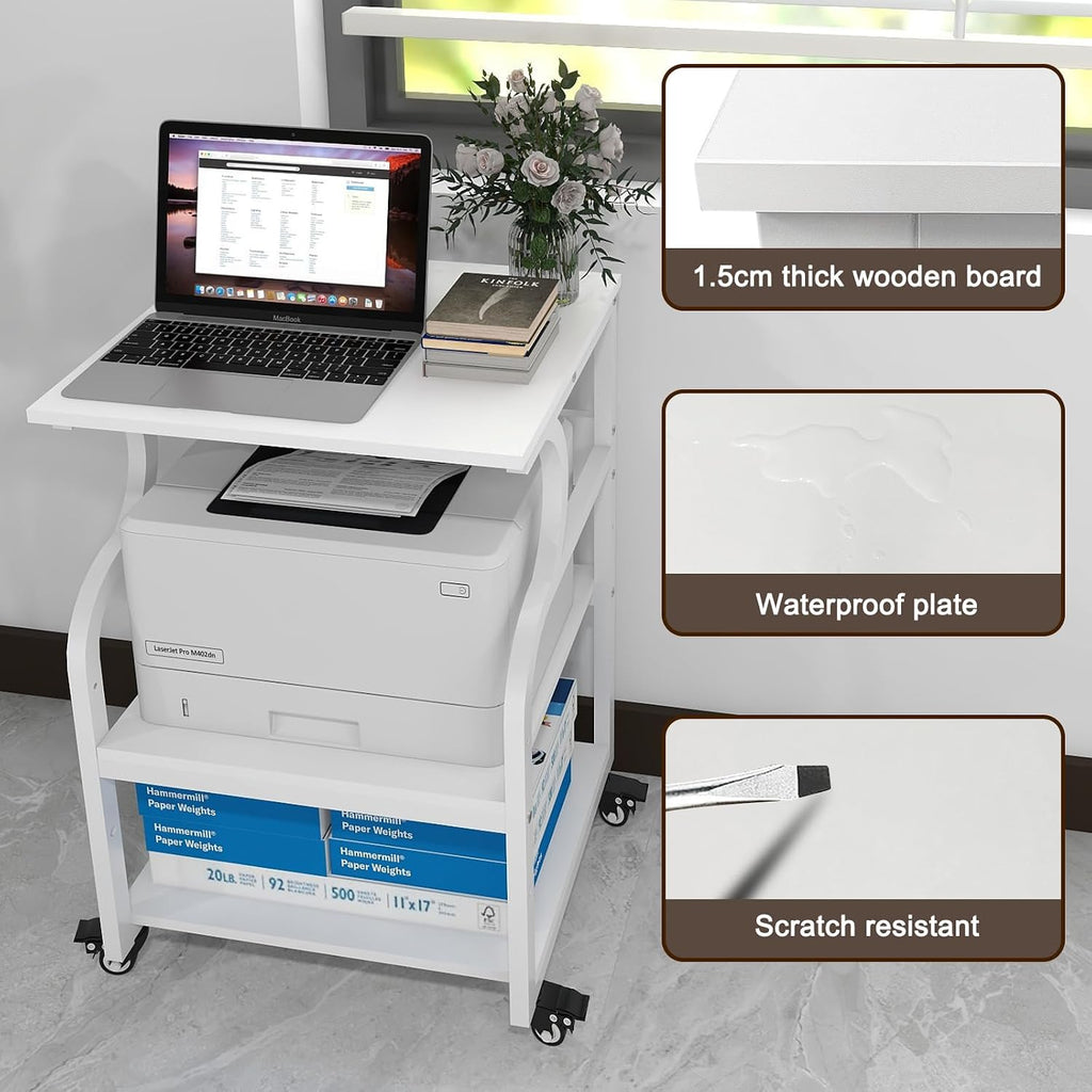 Natwind Large Printer Stand, 24''x20''x29'' Printer Table with Adjustable Storage Shelf, 3 Tier Rolling Cart with Wheels, Multifunctional Home Office Shelves for Heat Press, 3D Printer (White)