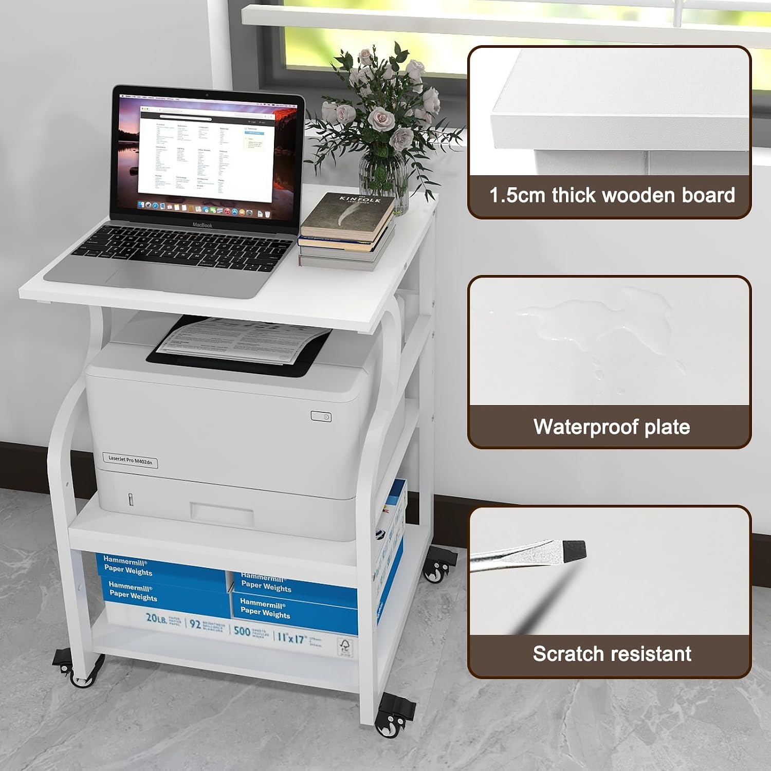 Natwind Large Printer Stand, 24''x20''x29'' Printer Table with Adjustable Storage Shelf, 3 Tier Rolling Cart with Wheels, Multifunctional Home Office Shelves for Heat Press, 3D Printer (White)