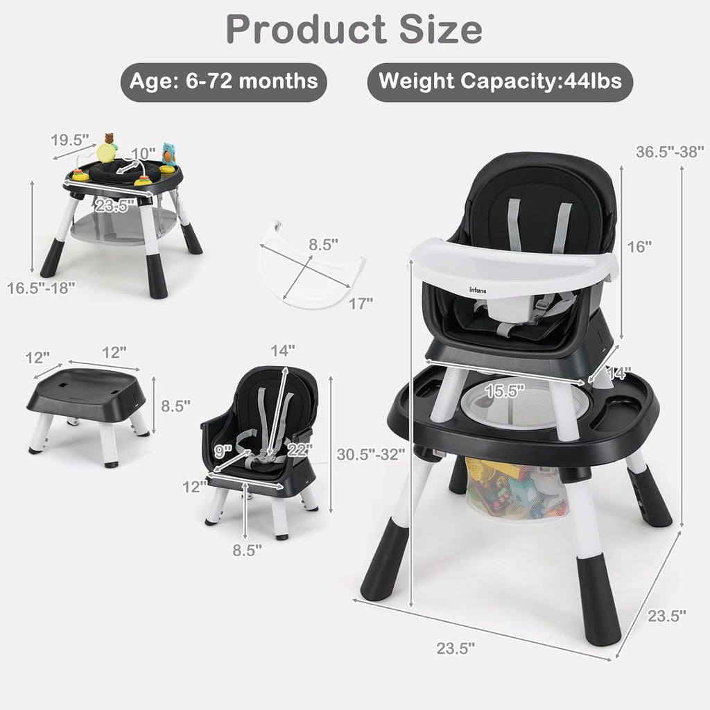 INFANS 9 in 1 High Chair, Convertible Baby Highchair for Babies and Toddlers, Table and Chair Set Building Block Infant Dining Booster Seat, Kids Stool with Activity Children Play Kitchen (Black)