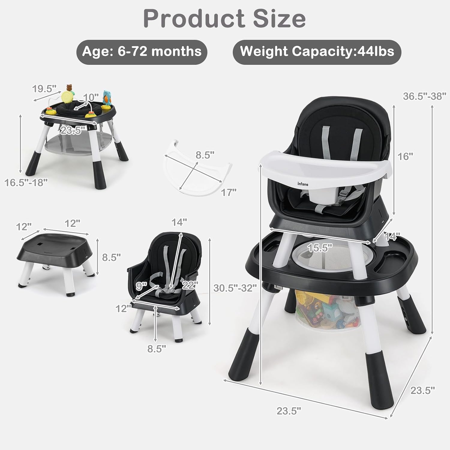 INFANS 9 in 1 High Chair, Convertible Baby Highchair for Babies and Toddlers, Table and Chair Set Building Block Infant Dining Booster Seat, Kids Stool with Activity Children Play Kitchen (Black)