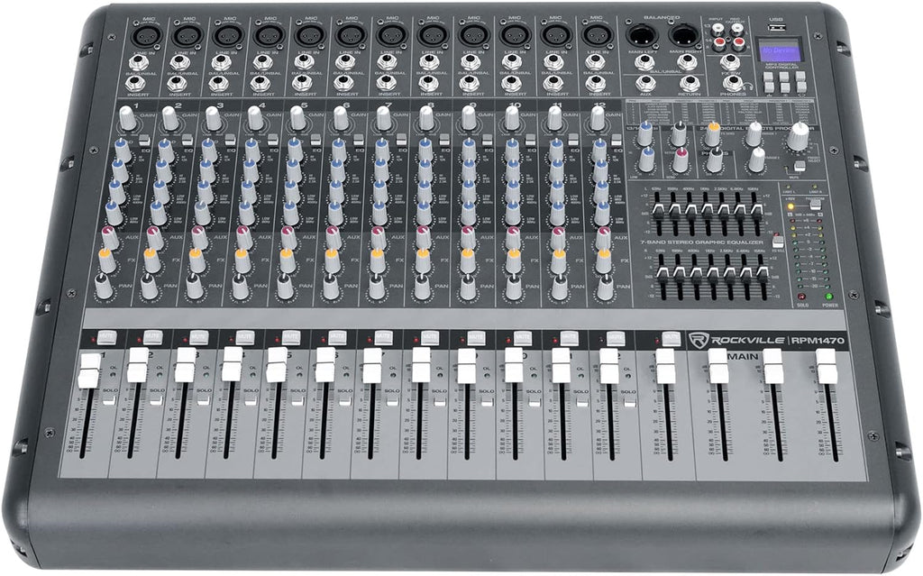 Rockville Bundle: RPM1470 14 Channel 6000w Powered Mixer w/USB, Effects/14 XDR2 Mic Pres Bundle with BP-MIX2621 Padded Mixer Bag Semi Rigid, Interior Straps 26'x21'x 8.5' (2 Items)