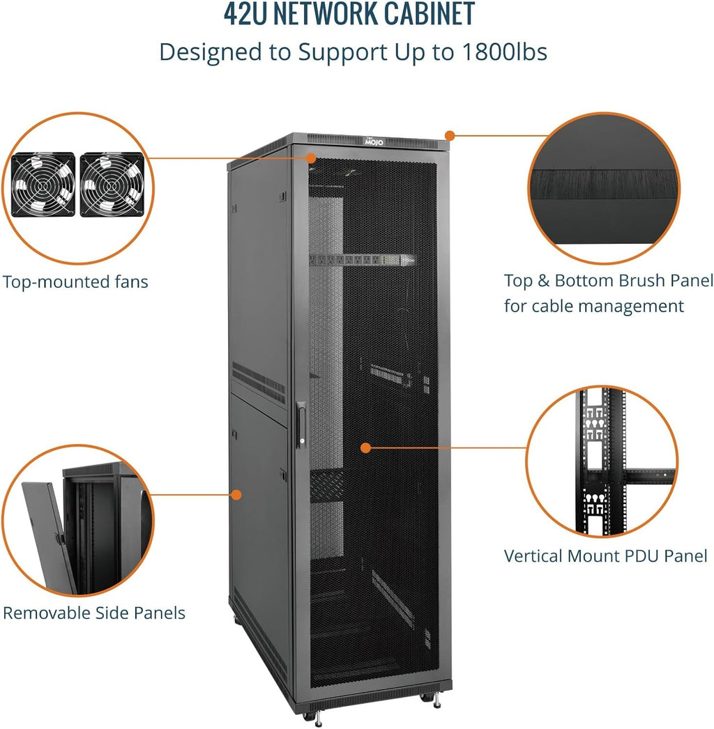 Tecmojo 42U Server Rack Network Cabinet 31.5' D x 23.6' W, Locking Data Cabinet Enclosure for 19' Server, Networking, AV & IT Equipment, Mesh Door, Black