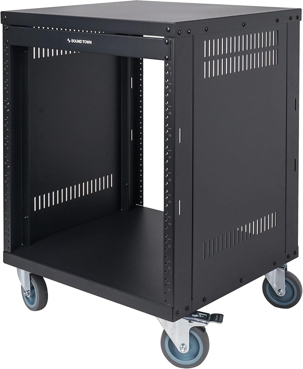 Sound Town 12U Universal Steel Rack, w/Mesh Doors, Locking Casters, Vented Side Panels for Audio Video, Server and Network Equipment (STRK-M12UWD)