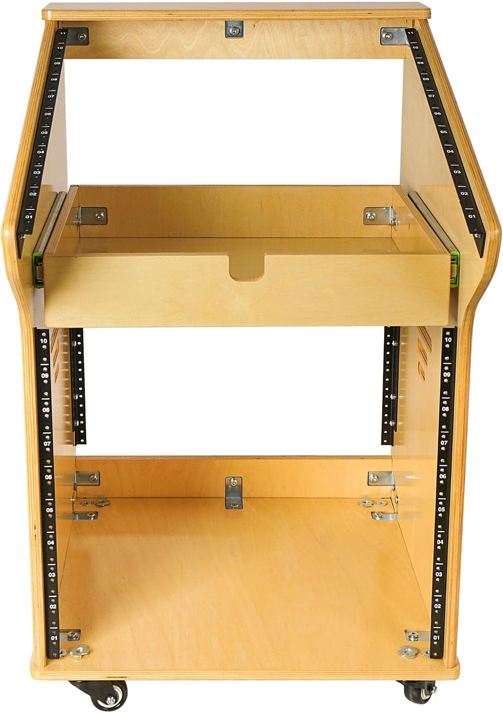 Sound Town DIY Solid Baltic Birch Plywood Studio Rack with 11U Slant Mixer Top, 10U Front, 2U Drawer, Rubber Feet, Casters, Golden Oak (SDRK-M11X10)