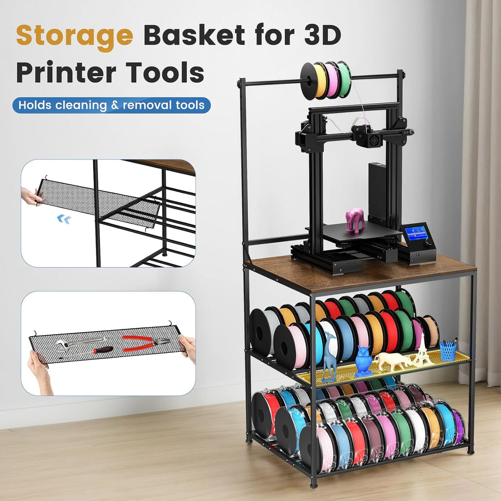 3D Printer Stand with Filaments Storage, 29.13'L x 22.44'W 3D Printer Table Filament Organizer Spools Holder Racks with Removable Basket, Hold Spool PLA, ABS, PETG for Workshop Studio Office (Brown)