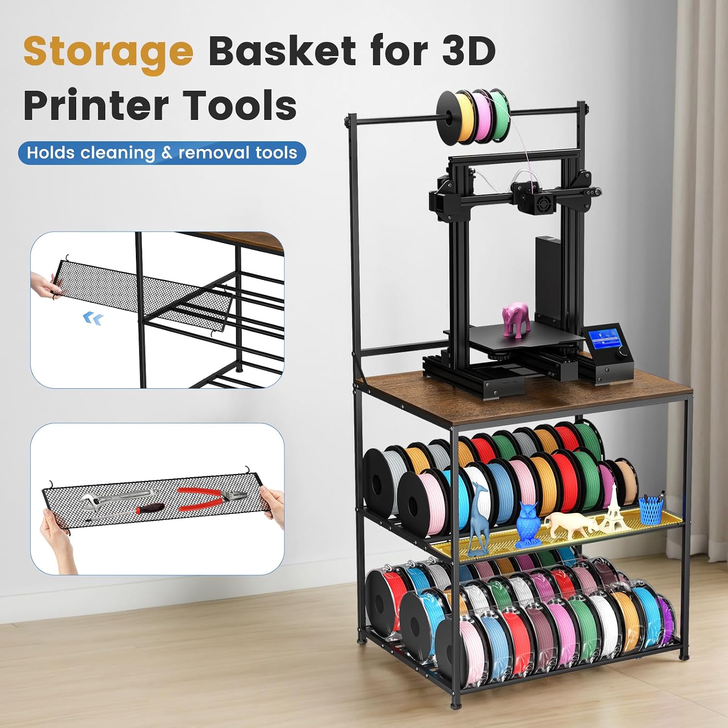 3D Printer Stand with Filaments Storage, 29.13'L x 22.44'W 3D Printer Table Filament Organizer Spools Holder Racks with Removable Basket, Hold Spool PLA, ABS, PETG for Workshop Studio Office (Brown)