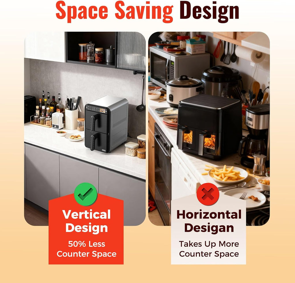 11.6QT Dual Basket Air Fryer Oven, Vertical 2-Basket Design, 6-in-1 Presets Function with Digital Touchscreen, Sync & Match, Easy to Clean, Dishwasher Safe, Family Meals