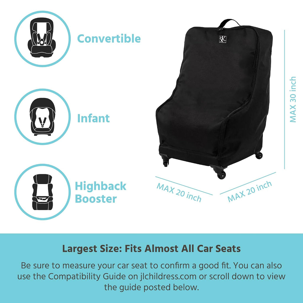 J.L. Childress Spinner Wheelie Padded Car Seat Bag- Travel Bag for Airplane, Fits Most Baby & Infant Car Seats, Boosters, & Carriers, Airport Accessories for Gate Check or Baggage Check- Deluxe, Black