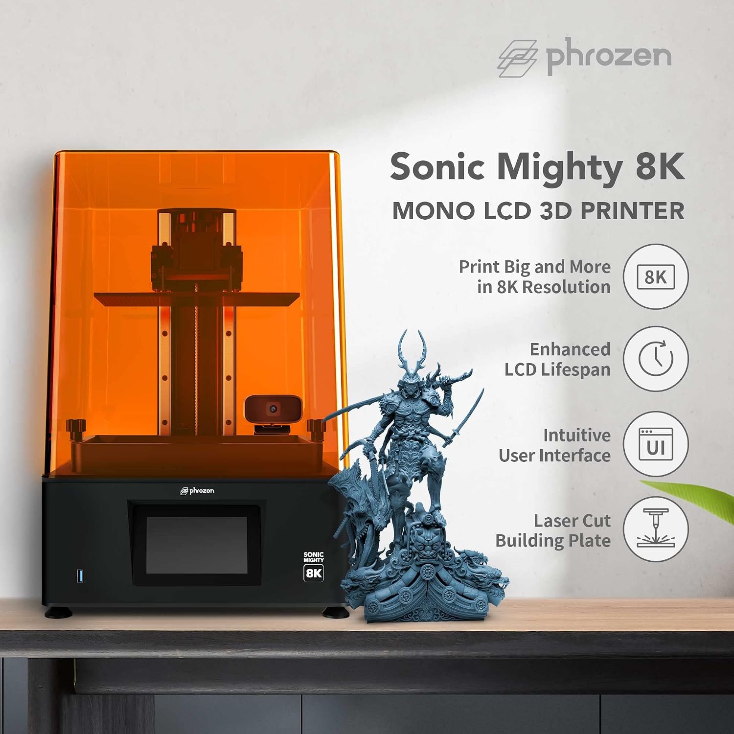 phrozen Sonic Mighty 8K LCD Resin 3D Printer, 10' Monochrome LCD, Tabletop 3D Resin Printer with 28µm XY Resolution, 8.6 * 4.8 * 9.3 Inch Printing Volume for Models, Miniatures and Action Figures
