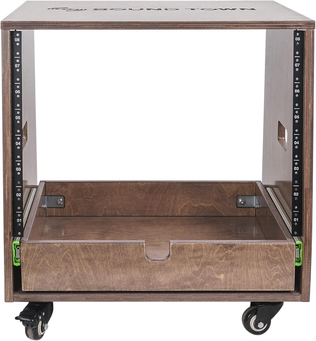 Sound Town 8U DIY Solid Baltic Birch Plywood Slanted Studio Rack with 8U Rack Space, Extra 2U Drawer, Rubber Feet, Casters, Weathered Brown (SDRK-8TBD2)