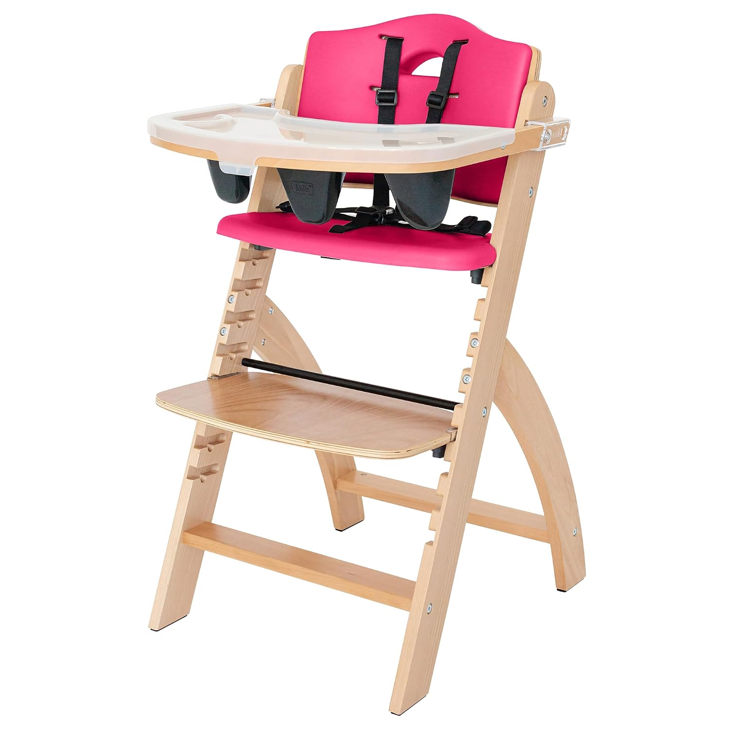 Abiie Beyond Junior Wooden High Chair for Babies and Toddlers - Convertible 3-in-1 Baby Highchair with Removable Tray - 6 Months to 250 Lb - Water Resistant - Natural Wood/Raspberry Cushion