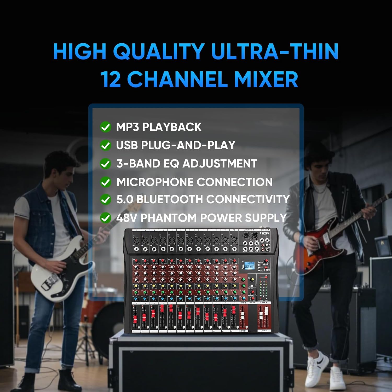 FULUODE 12 Channel Mixer Audio Console, CT-120S Professional Music Mixer DJ Mixing Board with Reverb Bluetooth MP3 Player 48V Phantom Power Supply USB Recording for Studio Karaoke Live Performance