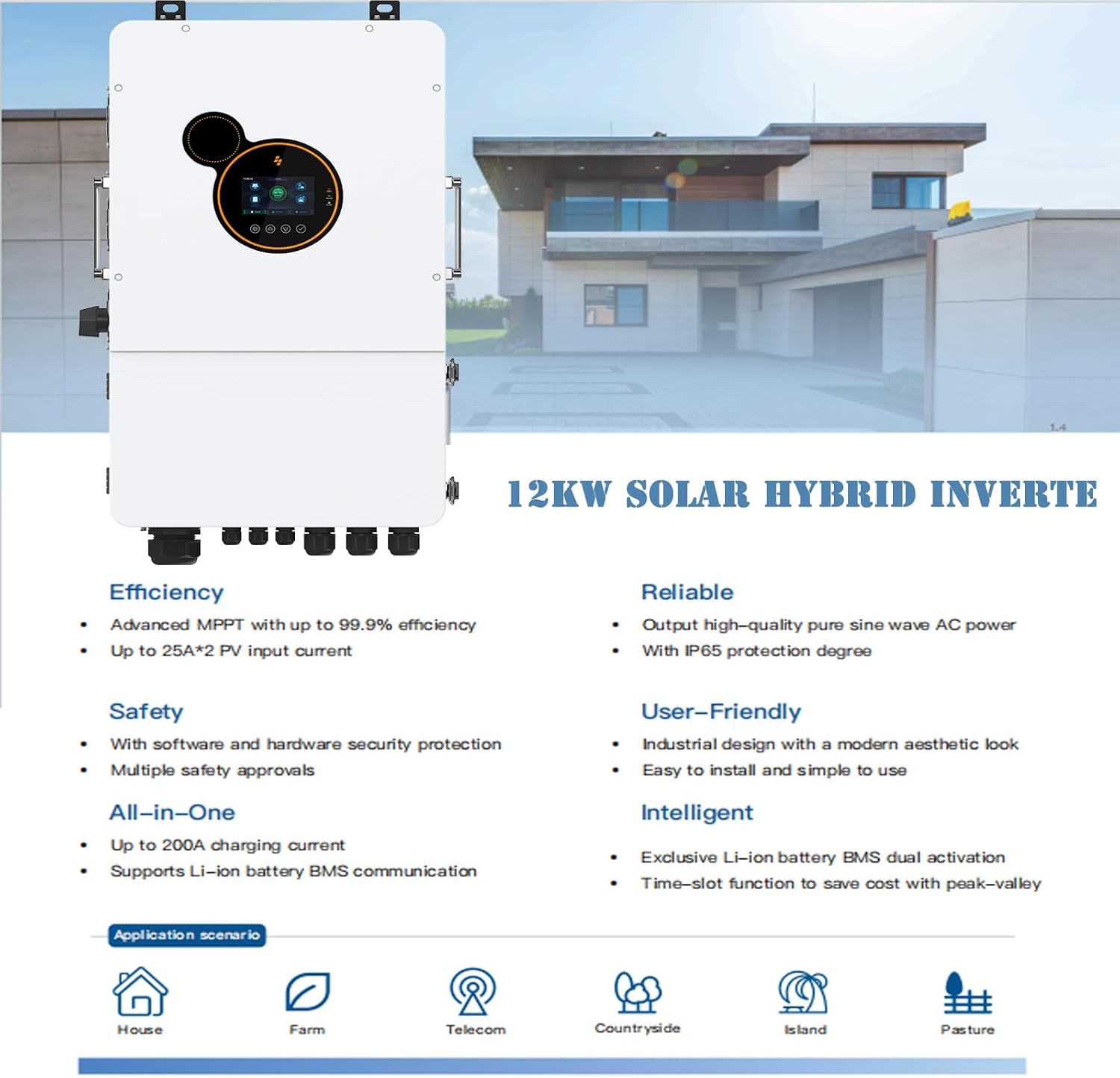 11000W Hybrid Grid Home Solar Power System Complete kit with 12KW Solar Hybrid Inverter,2sets 48V 16KWh LiFePO4 Battery 20PCS Bificial 550W Solar Panels with MPPT Controller 120/240Vac
