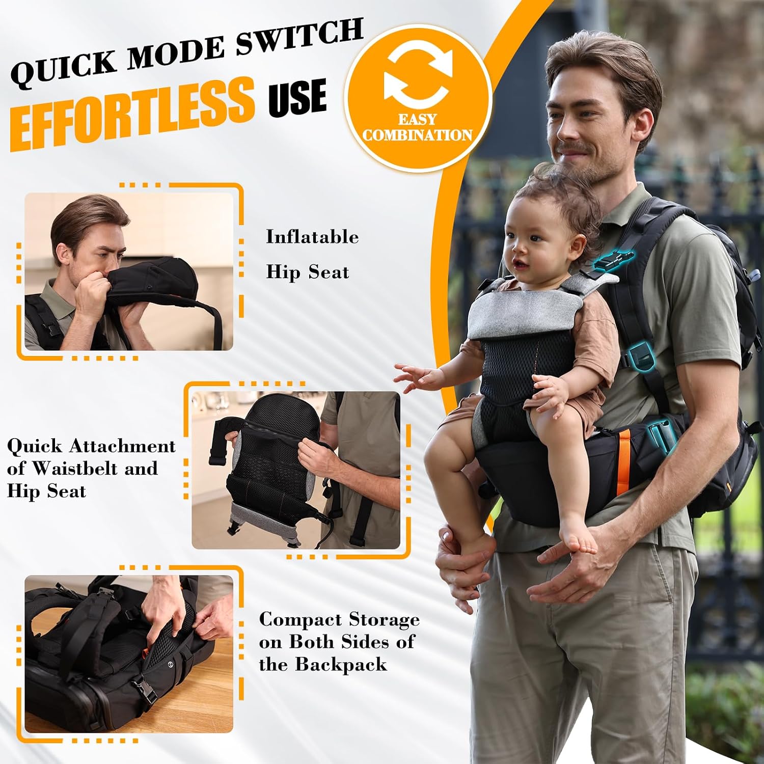 C1-All in 1 Modular Baby Backpack Carrier, Toddler Hiking Backpack with Convertible Baby Carrier & Hip Seat & Chest Bag, Easy to Wear & Switch, 500D Tactical Fabric Carrier for Hiking