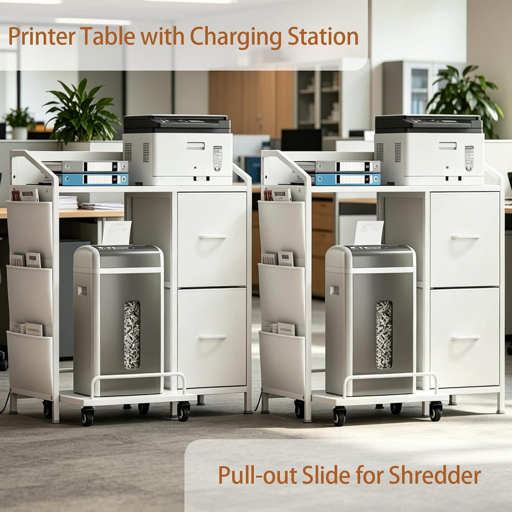 Printer Stand with Storage, Lateral Office Filing Cabinets with Power outlets & USB Charging Port, File Cabinet with Large Printer Stands for Home Office, Shredder Stand Rack (White)