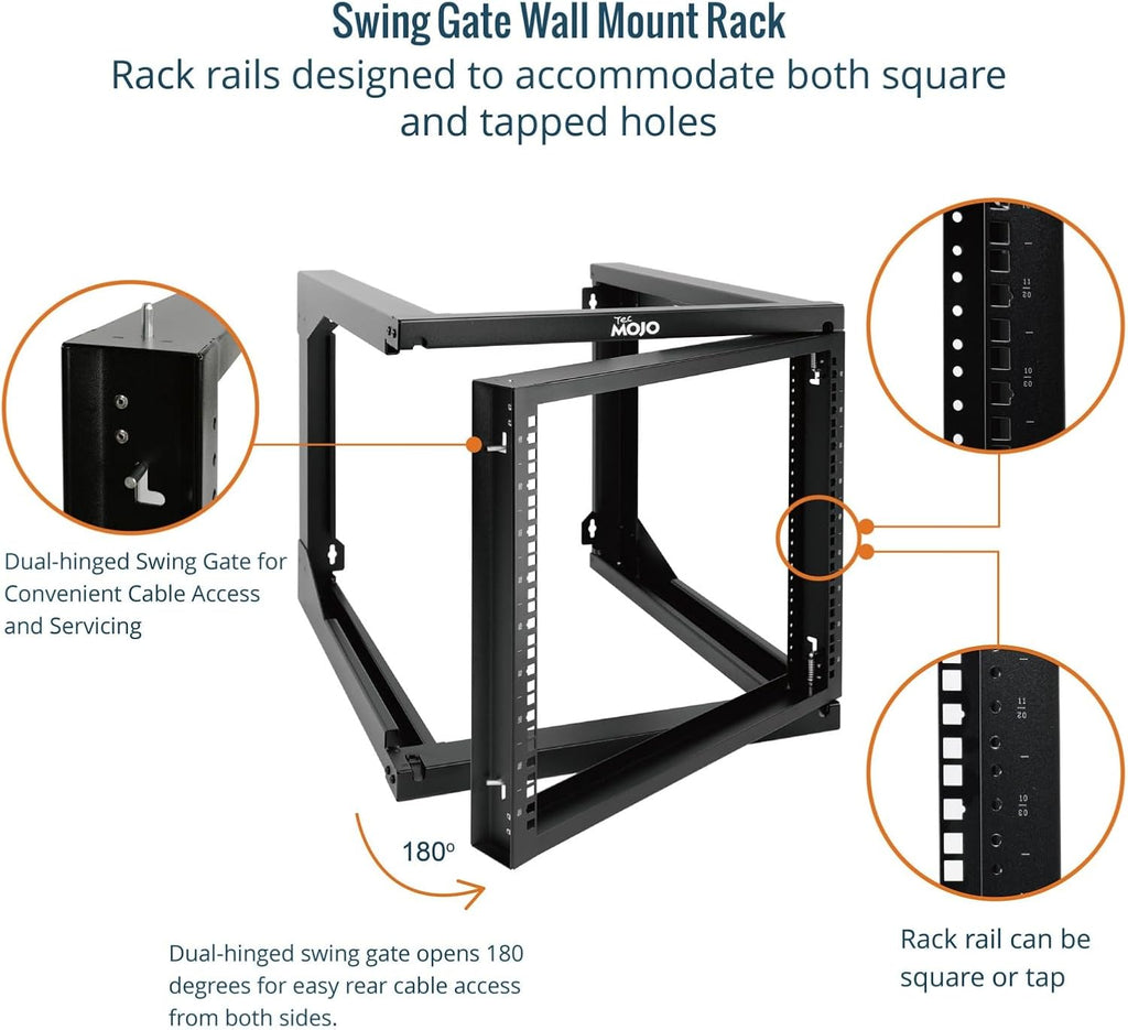 Tecmojo 9U Rack Wall Mount with Swing Gate, 9U Server Rack for 19inch Computer/AV/Data/IT/Media Equipment, Open Frame Server Rack with 24inch Depth, Square&Tapped Holes