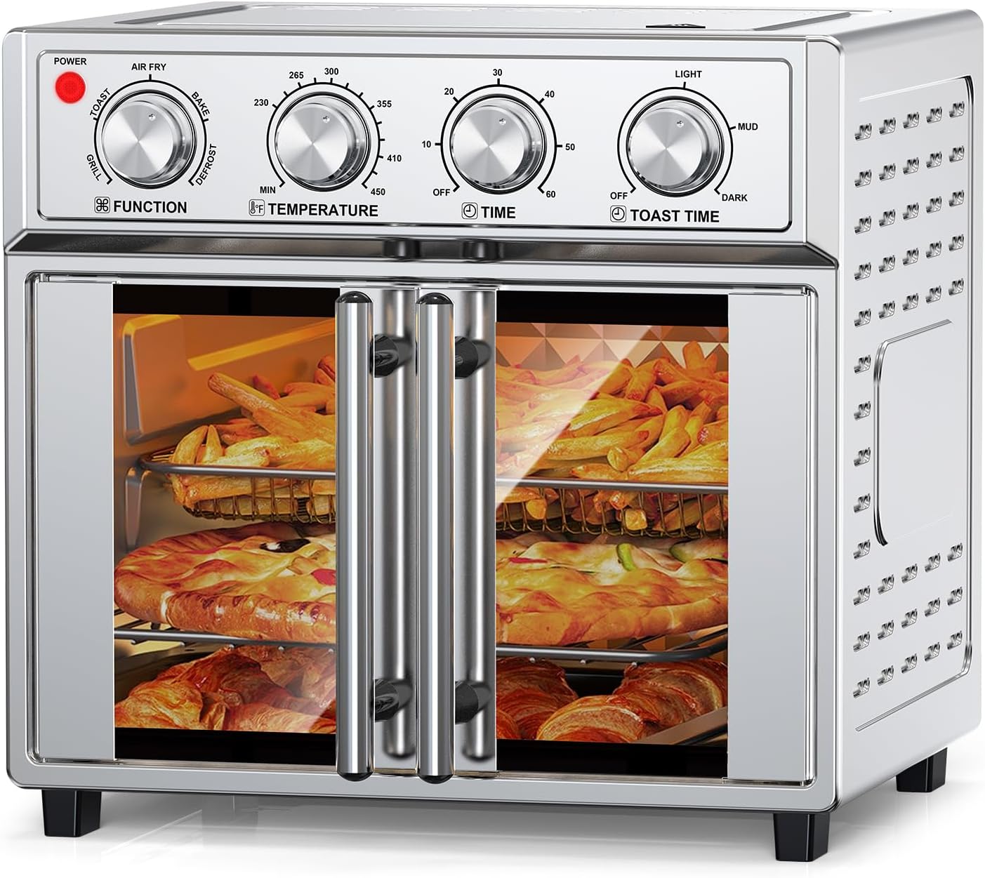 PlumChef 27.5QT Large Capacity Air Fryer Toaster Oven, French Double Door Convection Oven 1700W,7-in-1 Multifunctional with 7 Presets for Bake Roast Grill Toast Dehydrate Defrost, Stainless Steel