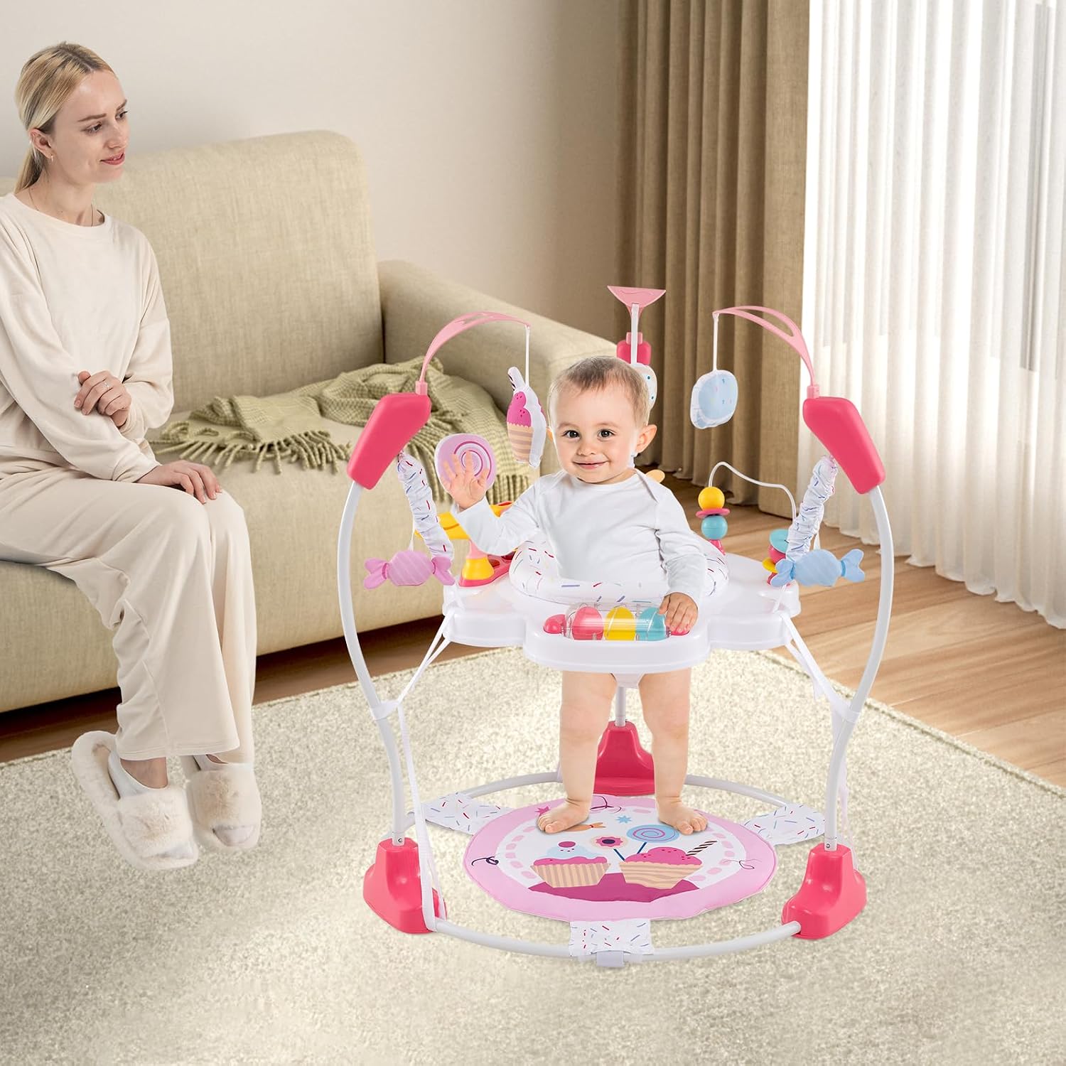 HONEY JOY Baby Bouncer Activity Center, Infant Jumper and Table w/ 360° Rotary Seat, 3 Adjustable Heights, Mat, Music, Lights, Sounds & Developmental Toys, Activity Center for Babies (Pink)