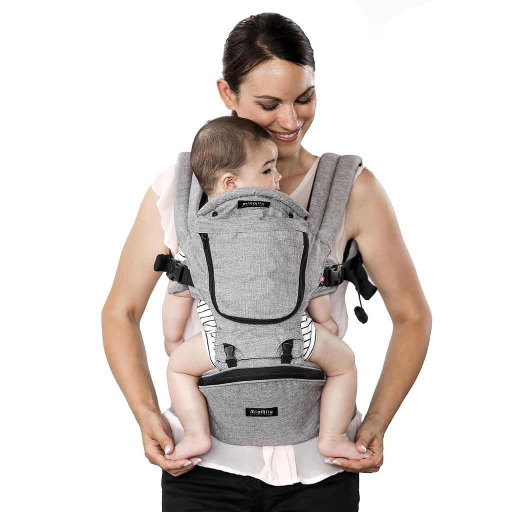 MiaMily Ergonomic Hip Seat Baby Carrier, 6 Carry Positions, Newborn to Toddler, Lumbar Support, Adjustable Waist Belt, Hipster Plus, Stone Grey