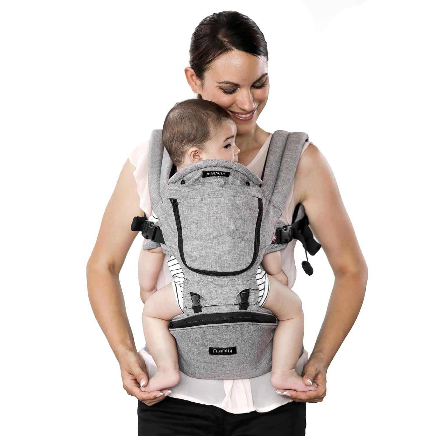 MiaMily Ergonomic Hip Seat Baby Carrier, 6 Carry Positions, Newborn to Toddler, Lumbar Support, Adjustable Waist Belt, Hipster Plus, Stone Grey