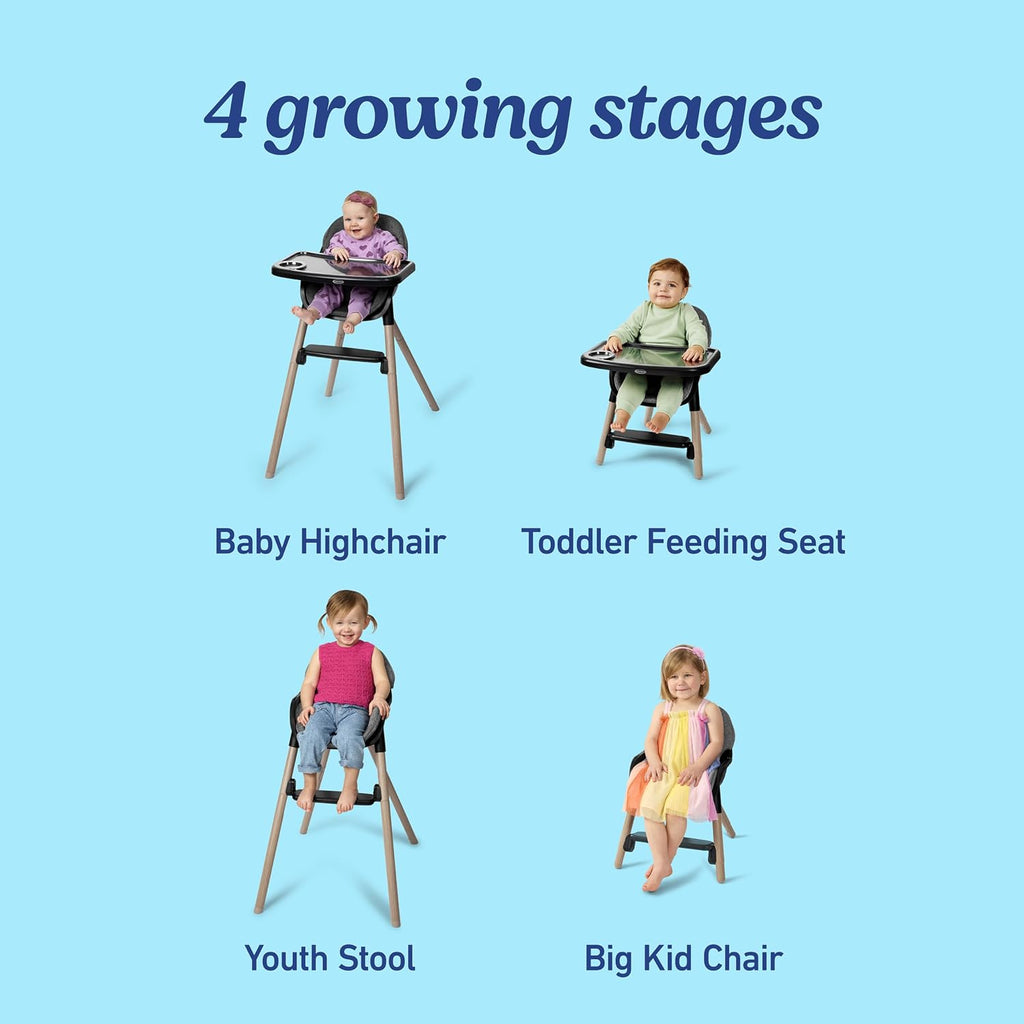Graco Ready2Dine DLX 4-in-1 Highchair, Portable High Chair with 4 Growing Stages, Foldable Baby High Chair, Toddler Feeding Seat, Youth Stool, and Big Kid Seat, Hazen