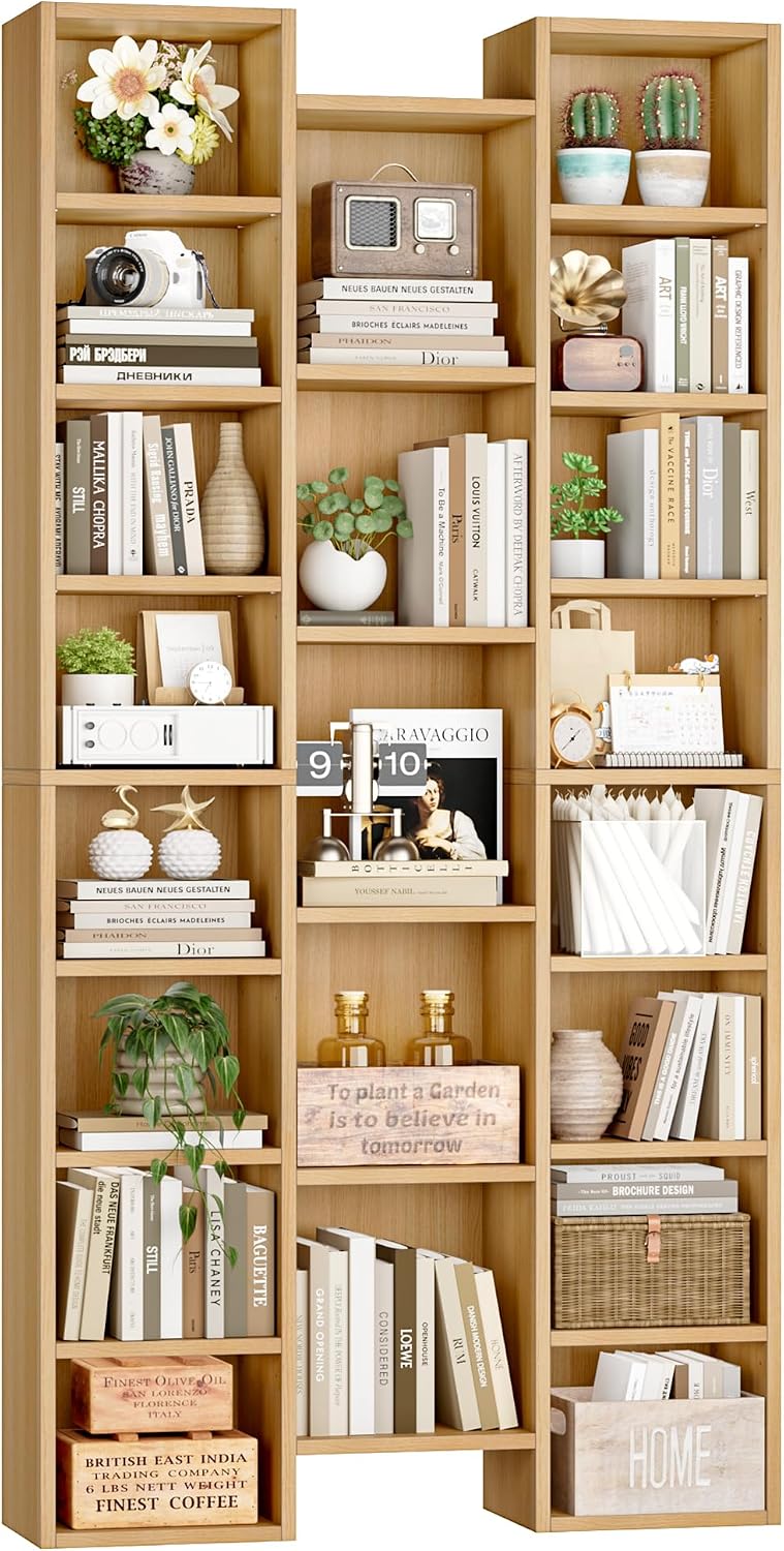 FOTOSOK 71'' Tall Bookshelf with 21 Cubes, 8 Tier Triple Wide Bookshelf with 8 Adjustable Shelves, 35' Wood Bookcase DVD/CD Media Tower Storage, Freestanding Display Shelf Cabinet, Natural