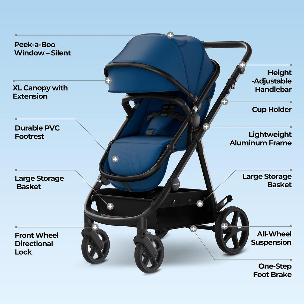 Mompush Meteor2 Baby Stroller 2-in-1 with Newborn Mode, Large Shock-Absorbing Wheels, Car Seat Adapter Included – Full-Size Infant & Toddler Stroller for All-Terrain Family Outings