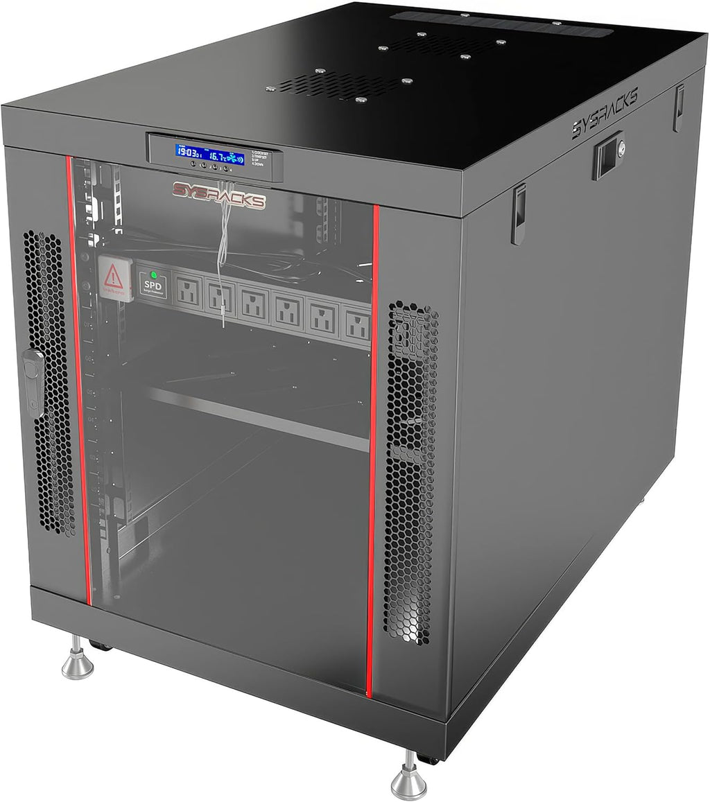 19' Server Rack Cabinet 12U – 35' Deep Network Cabinet Enclosure with Glass Door, Locking Panels, Cooling Fans, PDU & Shelf, IT Rack for Servers, Switches, AV Equipment
