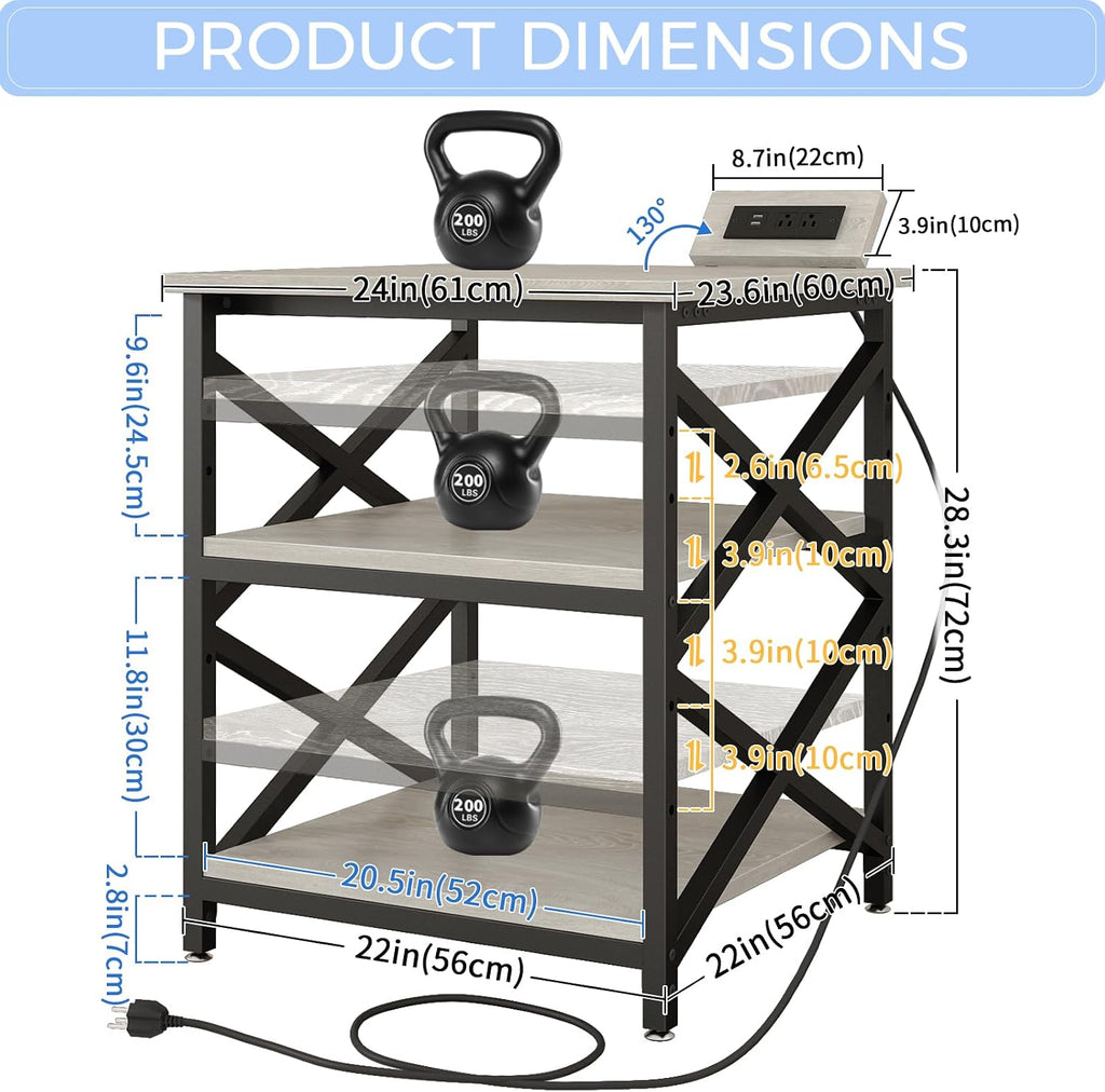 METYERRY Large Printer Stand with Power Outlet, with Height Adjustable Storage Shelf, 3 Tier Rolling Printer Cart with Industrial Wheels, 23.6 x 23.6 Inches Printer Table for Home Office, Greige