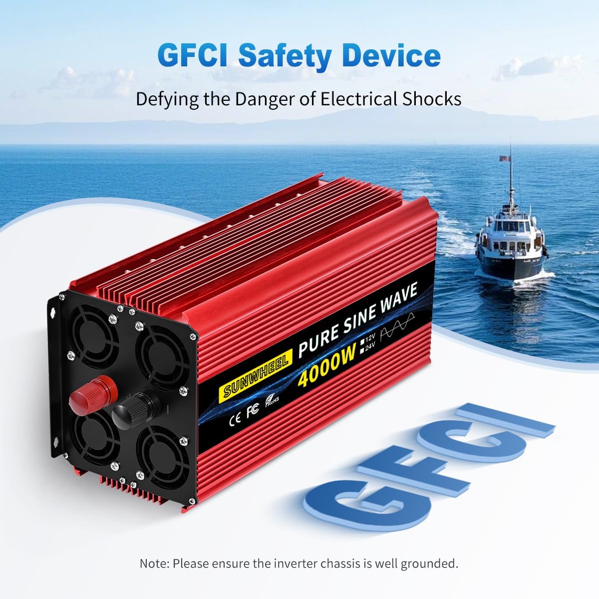 SUNWHEEL 4000W Pure Sine Wave Inverter, Solar Off-Grid Inverter, 12V DC to 110V 120V AC for RV、Microwave、Truck、Refrigerator、Freezer、TV、Air Conditioner with 4 AC outlets and LCD Display