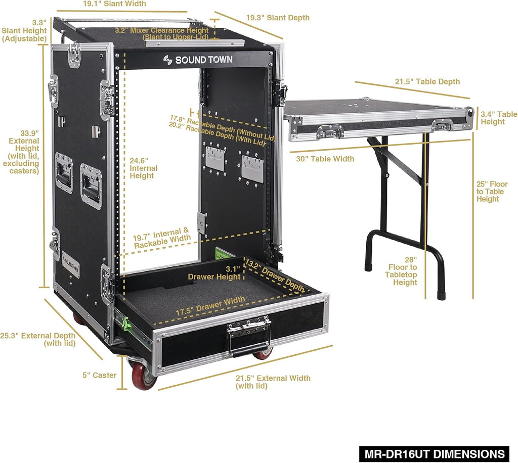 Sound Town 16U PA DJ Pro Audio Rack/Road ATA Case with 2U Drawer, 11U Slant Mixer Top, DJ Work Table, Casters, Pro Tour Grade (MR-DR16UT)