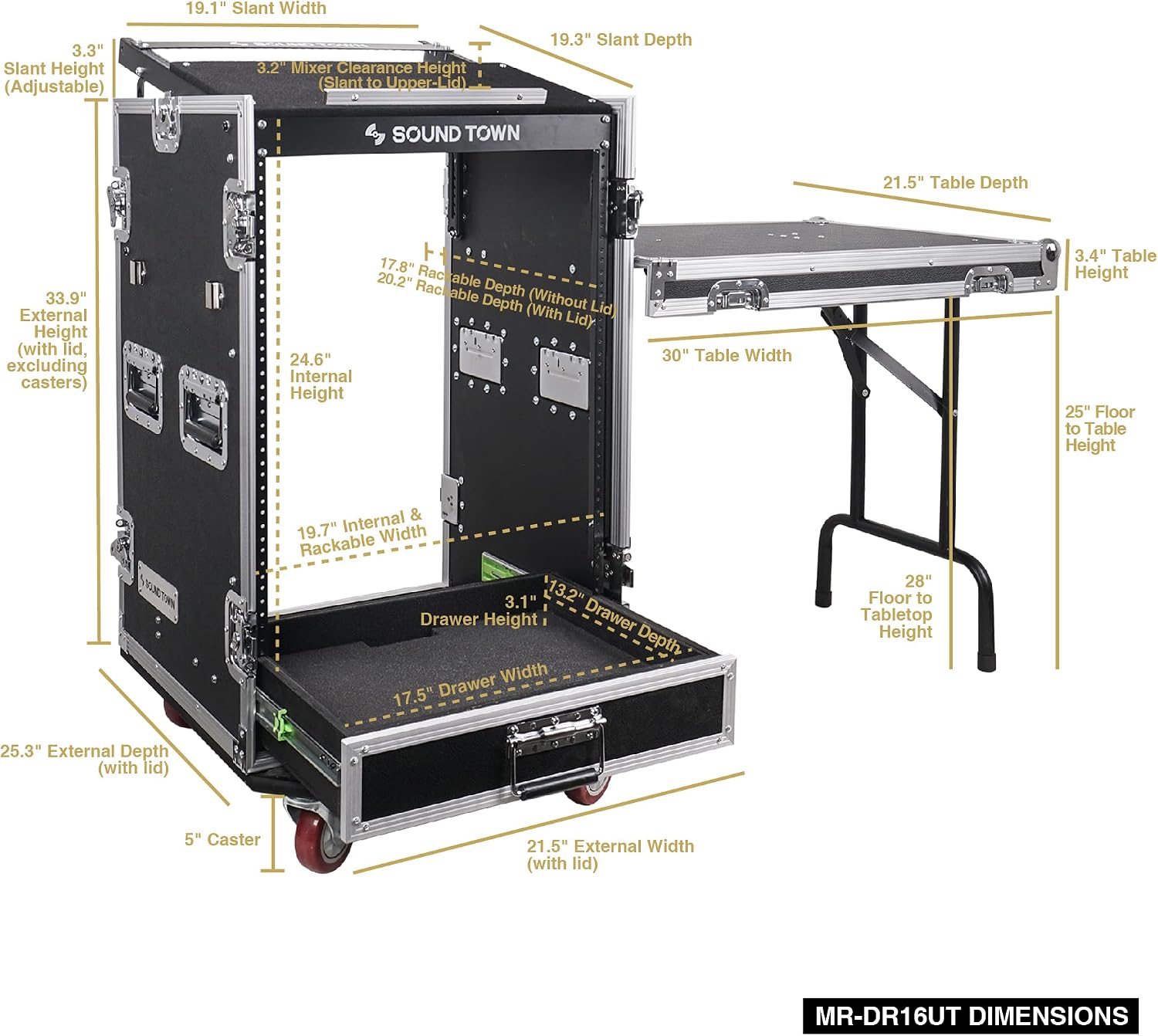Sound Town 16U PA DJ Pro Audio Rack/Road ATA Case with 2U Drawer, 11U Slant Mixer Top, DJ Work Table, Casters, Pro Tour Grade (MR-DR16UT)