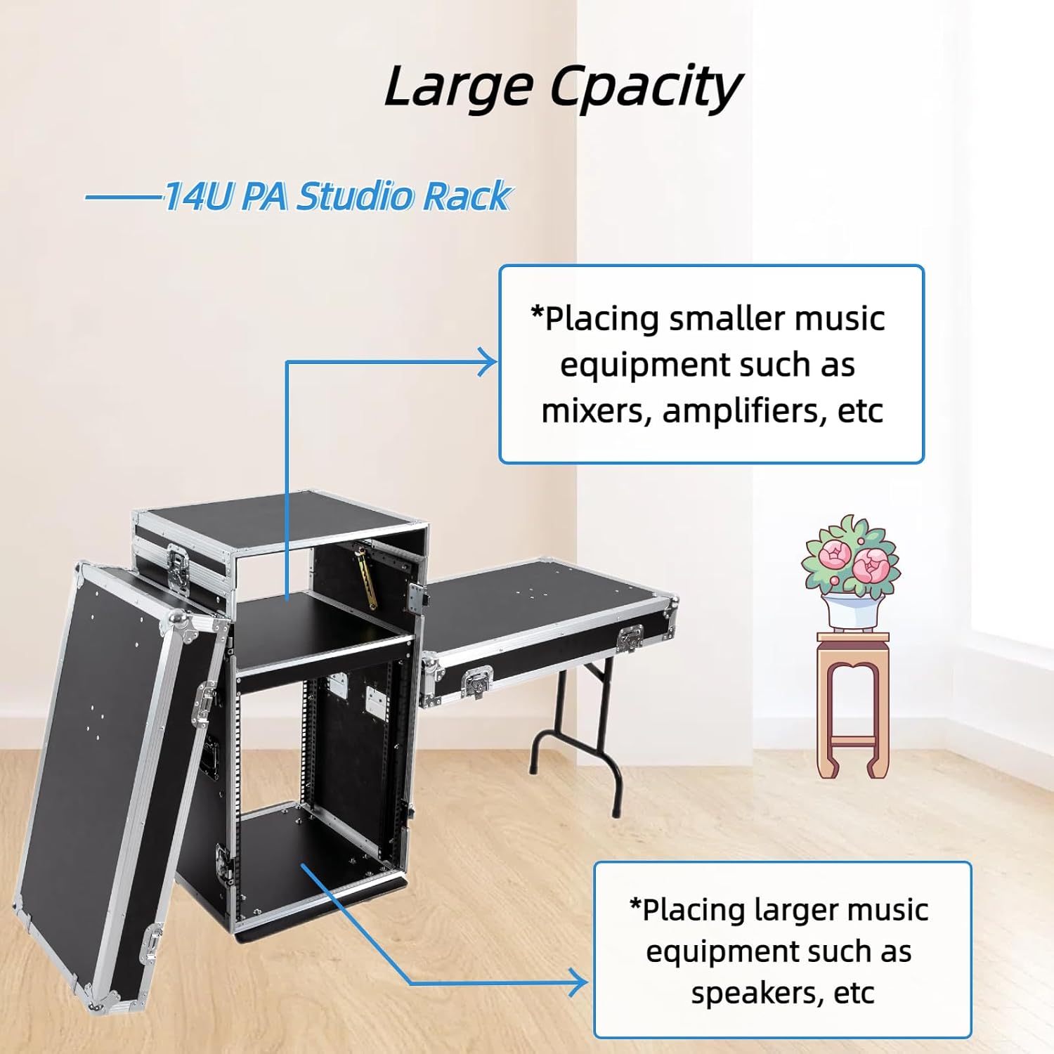 14U PA Audio Rack 2 Tiers Studio Rack with 2*DJ Table Tops, Mobile Flight Case Frame Server Rack with Wheels DJ Table DJ Rack for Studios Parties KTVs