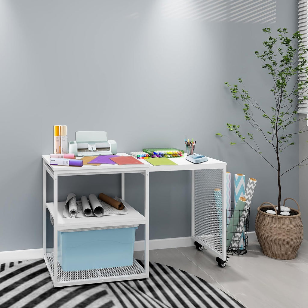 Natwind 24''x20''x29'' Large Printer Stand with Storage Shelves,Extendable Home Craft Table,Home Office Organization Desk, Versatile Table for Home Office, Kitchen, Study Room, Living Room (White)