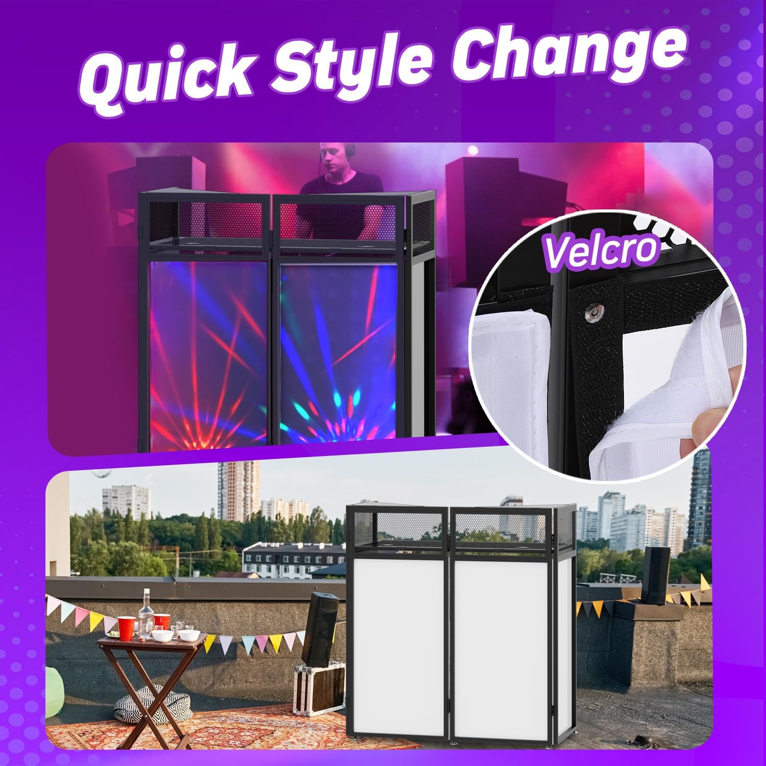 YooKoo Foldable DJ Booth with Two Top Trays, Tool-Free Assembly, DJ Table with White & Black Scrims, Metal Frame DJ Facade, DJ Stand with Cable Hole and Carry Bag, for Parties & Events & Small Studios